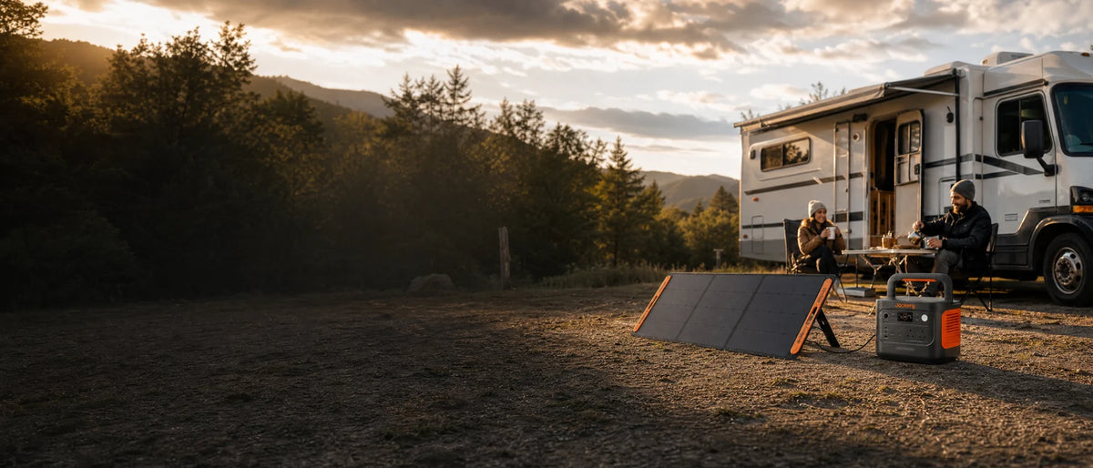Jackery Explorer 1000 V2 mit SolarSaga 200 Solarpanel beim Camping neben einem Wohnmobil