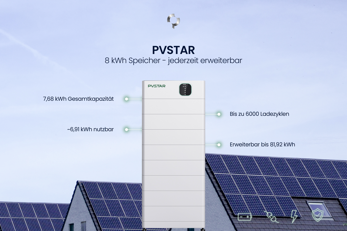 PVSTAR PVS-HB 7.5K-G2 Speicher mit 7,68 kWh Gesamtkapazität, 6,91 kWh nutzbar und modular erweiterbar